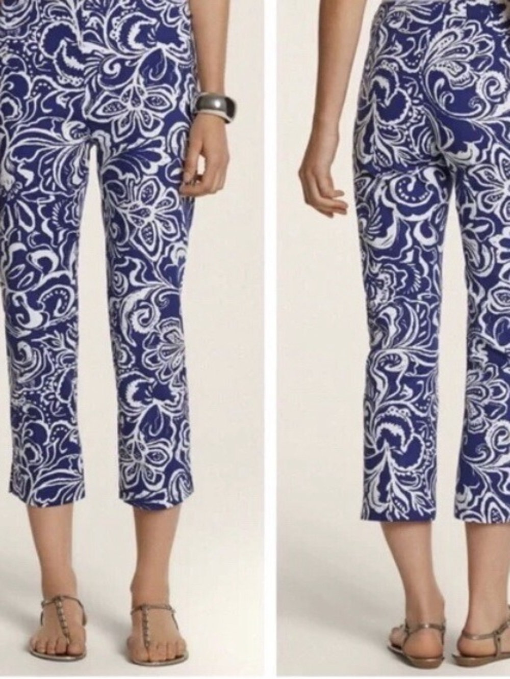 CHICO’S Navy Blue & White Floral Paisley Crop Capri  Ankle Pants — LHP